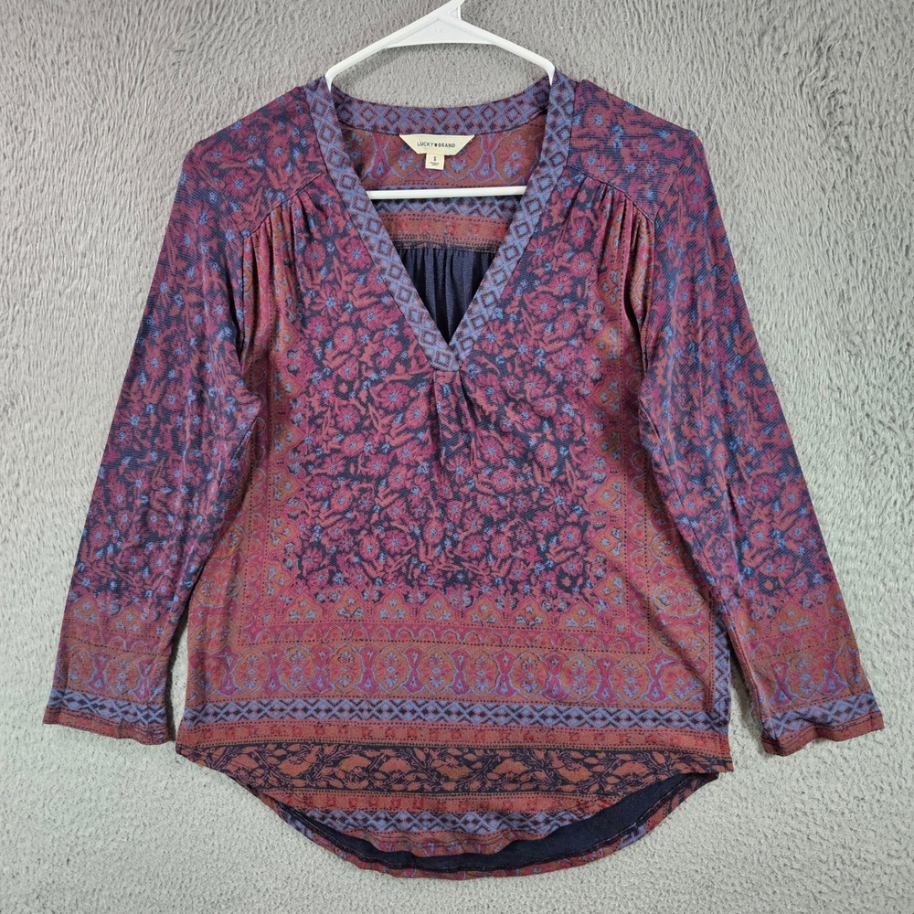 Lucky Brand Womens Long Sleeve V Neck Boho Print Blouse Top Size S